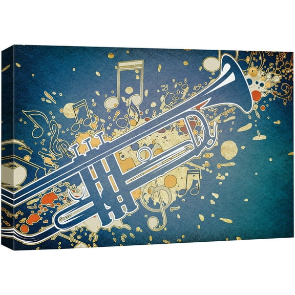 wall26 - Trumpet Surrounded by a Splatter of Music Notes Over a Teal Background - Canvas Art Home Art - 12x18 inches