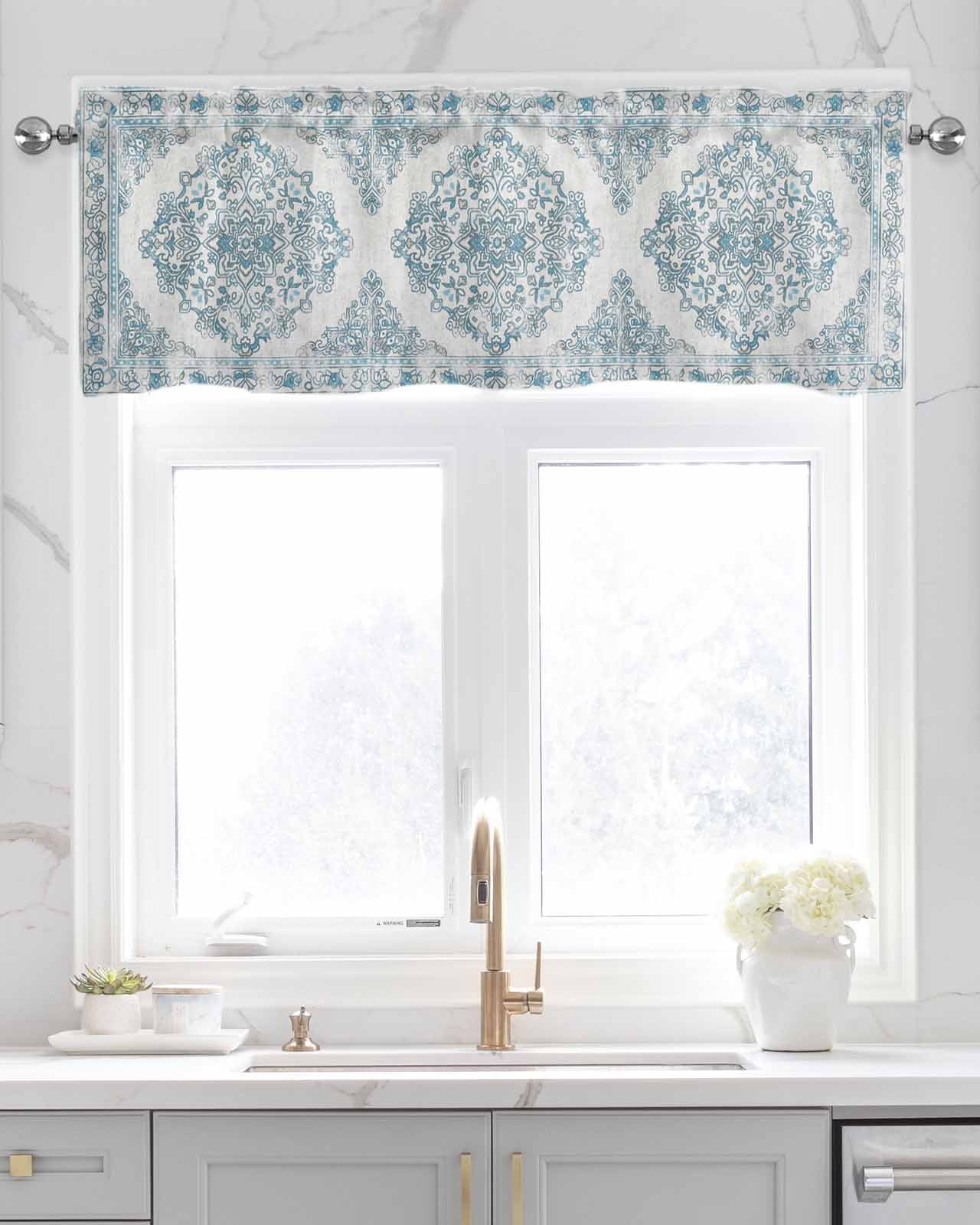 Boho Floral Teal Linen Curtain Valance for Bedroom/Bathroom/Kitchen/Office/Living/Dining Room Window,Ethnic Mandala Rustic Tribal Patterns Pocket Topper Drapes Decorative Cafe Drapery Panel 54"x18"