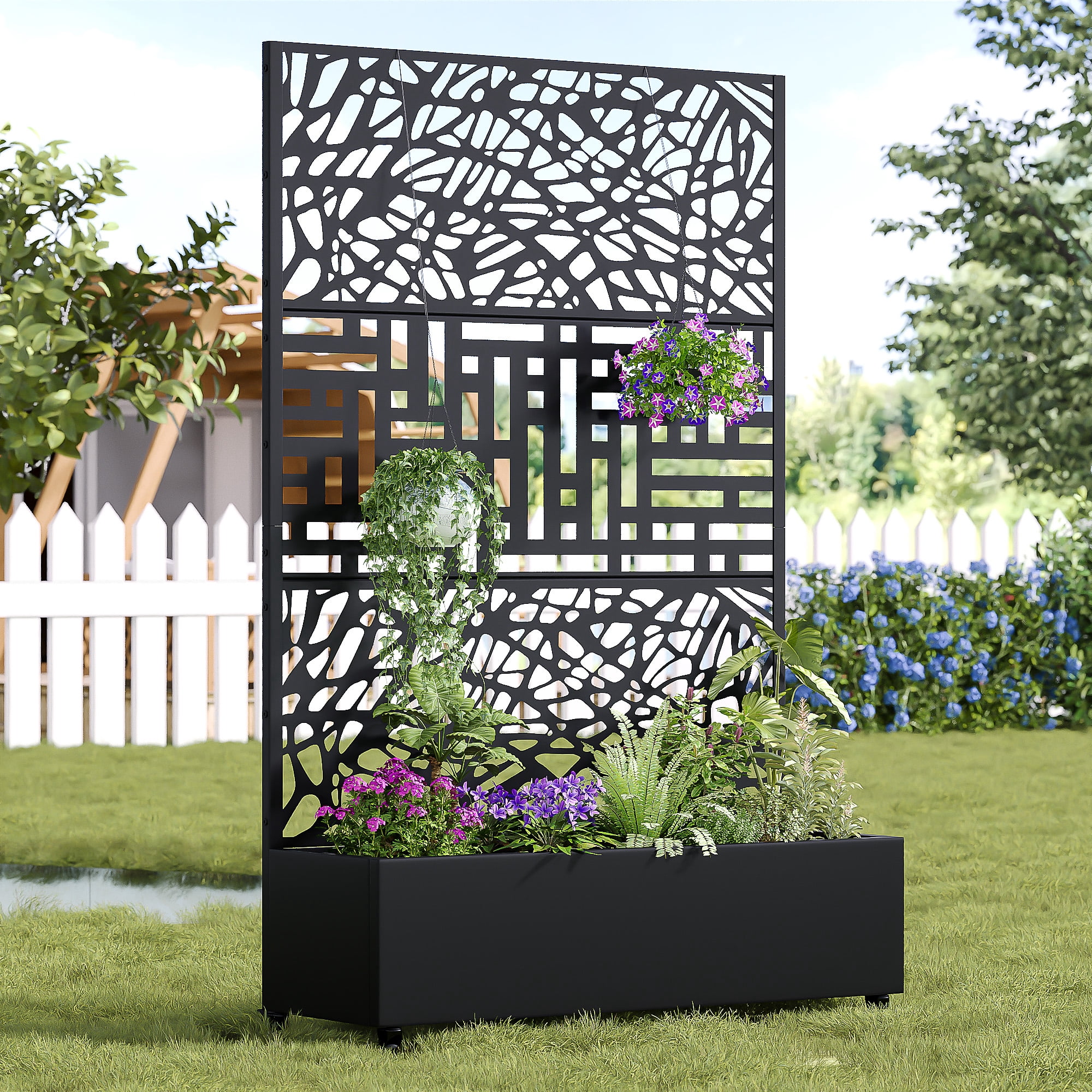 MAYEERTY 47*16*72" Outdoor Black Metal Planter Box with Trellis for Climbing Plants, Vine & Street Pattern