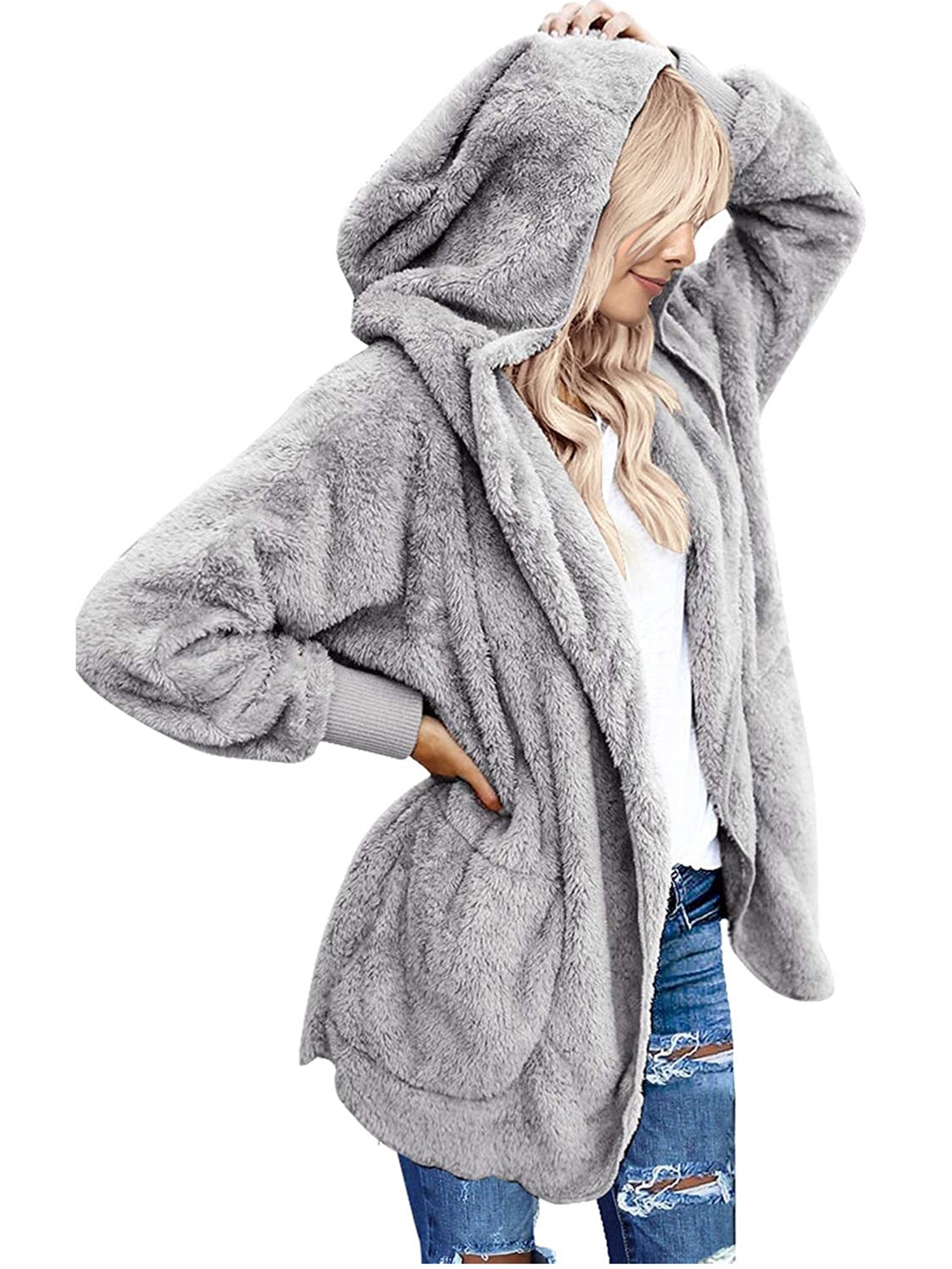 Women Casual Fuzzy Fleece Hooded Cardigan Pocket Open Front Faux Fur Outerwear Coat