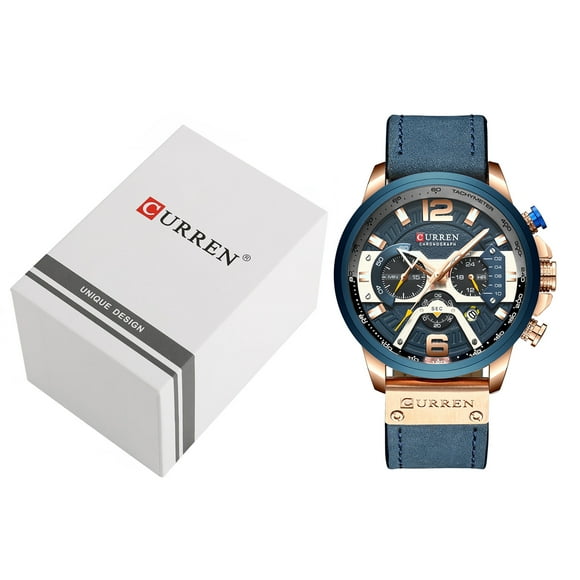 CURREN CURREN 8329 Men's Quartz Watch with Rose Gold Case, Blue Leather Strap, 3 Subdials, Calendar, 24-Hour Display, 3ATM Water Resistance, Fashionable Casual Design (Includes Gift Box)