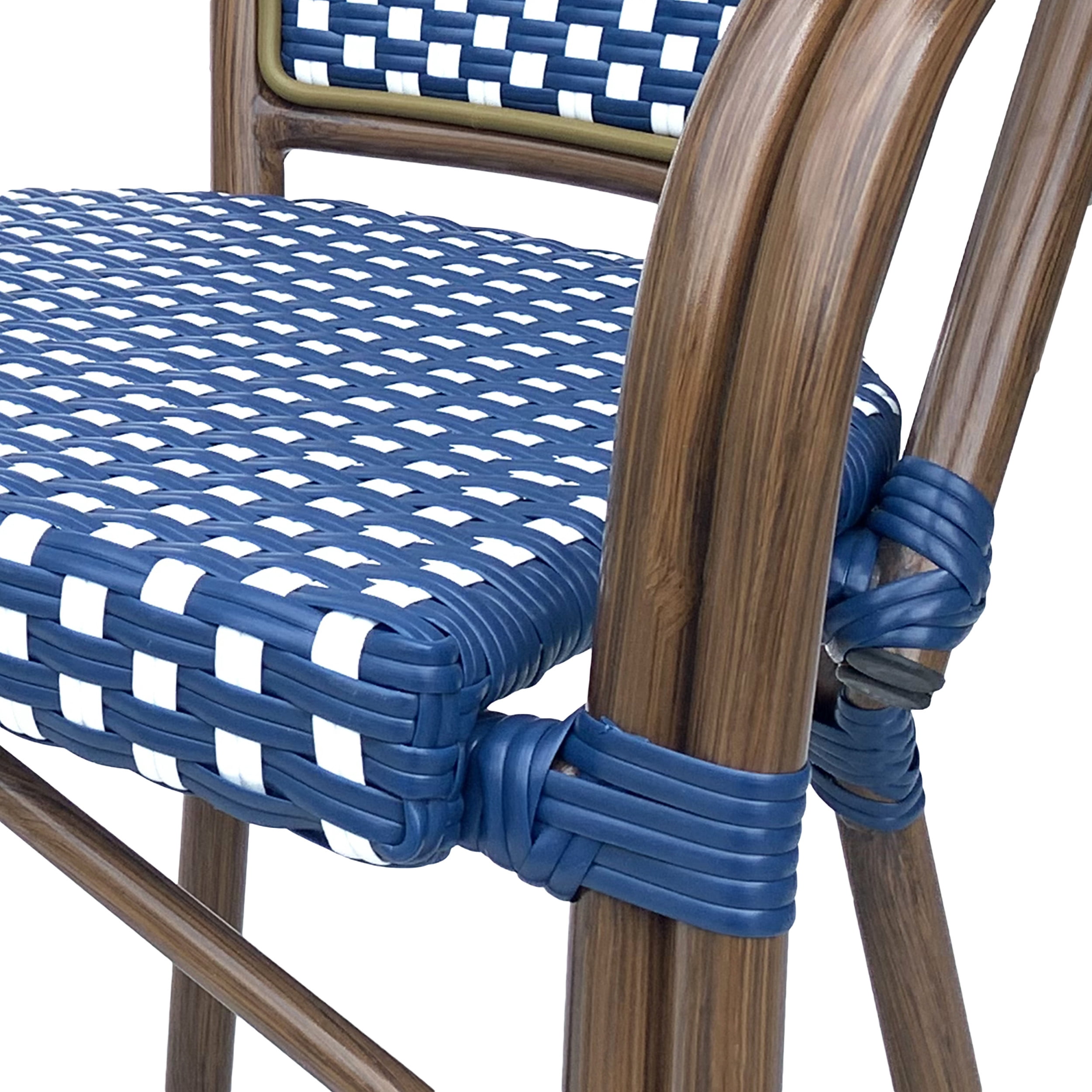 Cecil Aluminum and Wicker Outdoor French Bistro Chairs, Set of 4, Navy Blue, White, and Brown Wood