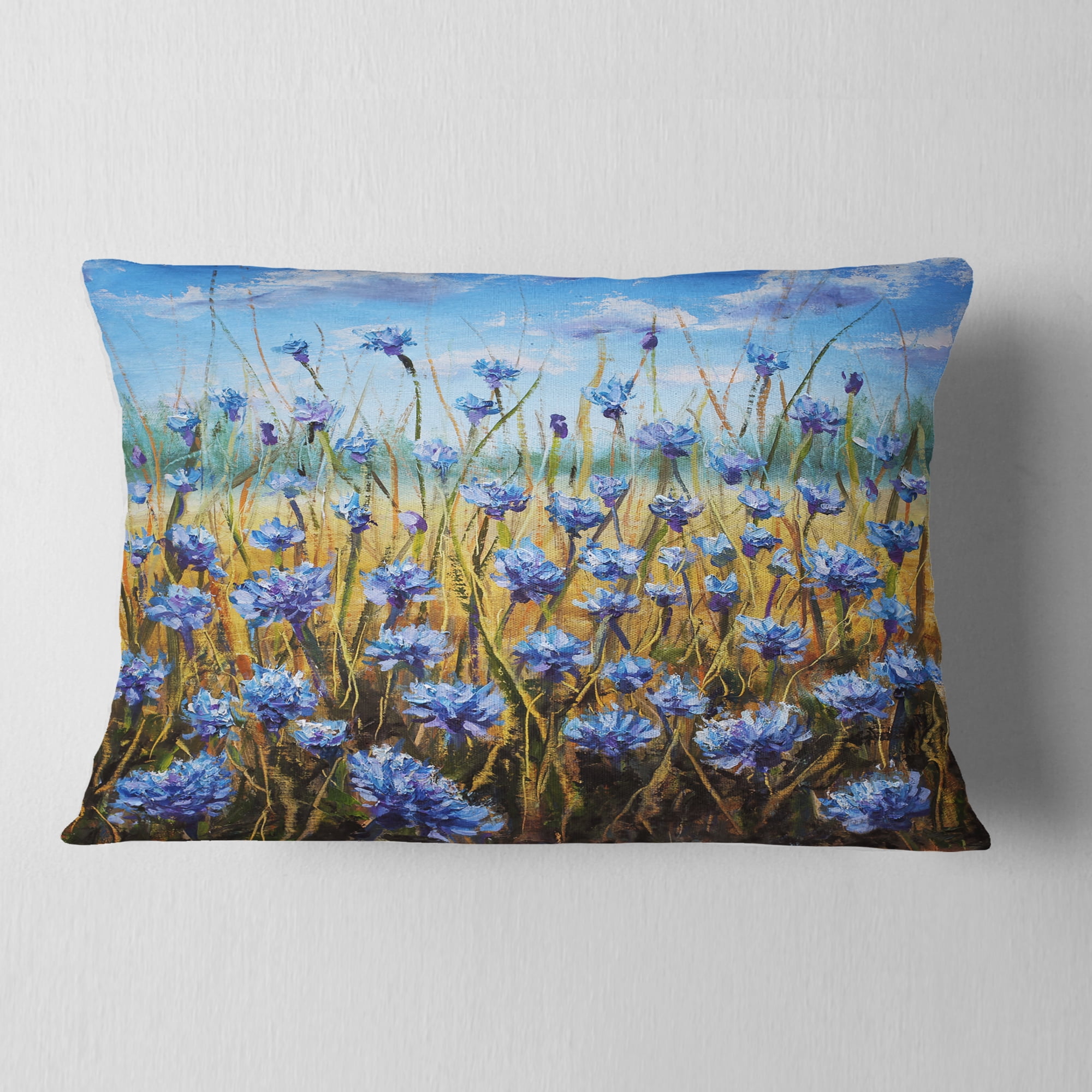 Designart Blue Flowers in Meadow Painting - Floral Painting Throw Pillow - 12x20