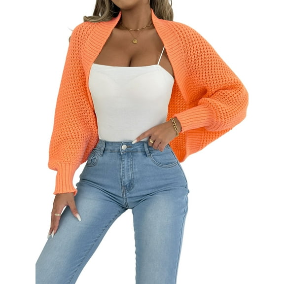Women Open Front Ribbed Knit Crop Drop Shoulder Long Sleeve Solid Loose Fit Knitted Crop Cardigan Shrug Orange One size