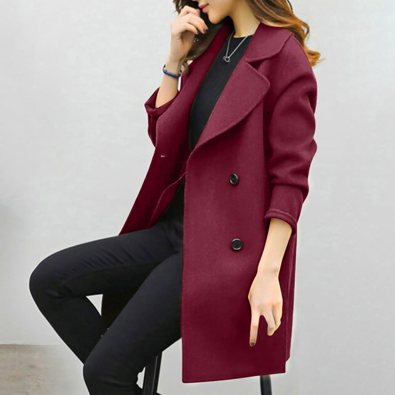 Women's Lapel Collar Double Button Slim Pea Coat Trench Jacket Shell  Overcoat Outwear Cardigan with Pockets