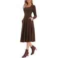 thumbnail image 4 of INSPIRE CHIC Women's Knit Sweater Dress Square Neck Button Decor Flared Midi Dresses with Pockets M Brown, 4 of 6