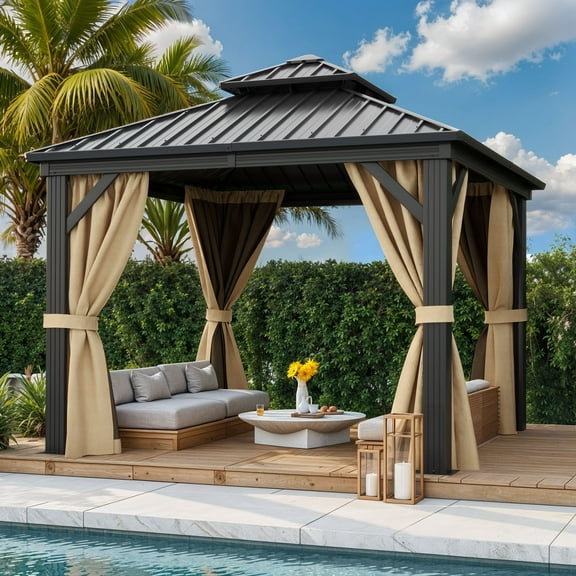 Dextrus 10x10ft Hardtop Gazebo with Netting & Brown Curtains, Double Roof Galvanized Aluminum Frame Canopy, Garden Tent for Patio, Backyard, Black & Brown