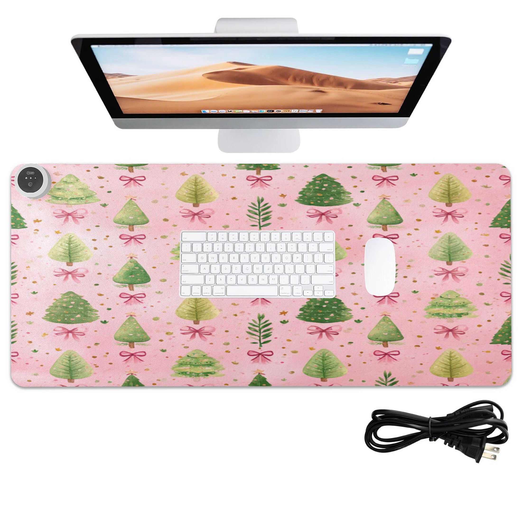 Large Heated Desk Mat Mouse Pad 31.5"x13"PU Leather Graphene Heating Desk Warmer with 3 Temperature Settings 110V US Plug Non-Slip Warm Pad for Home, Office, and Gaming Cute Christmas Tree Pattern