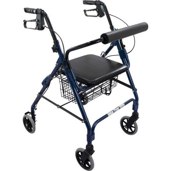 Roscoe Medical Aluminium Rolling Walker with Padded Seat, 6" Wheels, Blue, 300 lb Weight Capacity