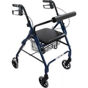 Roscoe Medical Aluminium Rolling Walker with Padded Seat, 6" Wheels, Blue, 300 lb Weight Capacity