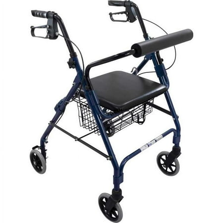 Roscoe Medical Aluminium Rolling Walker with Padded Seat, 6" Wheels, Blue, 300 lb Weight Capacity