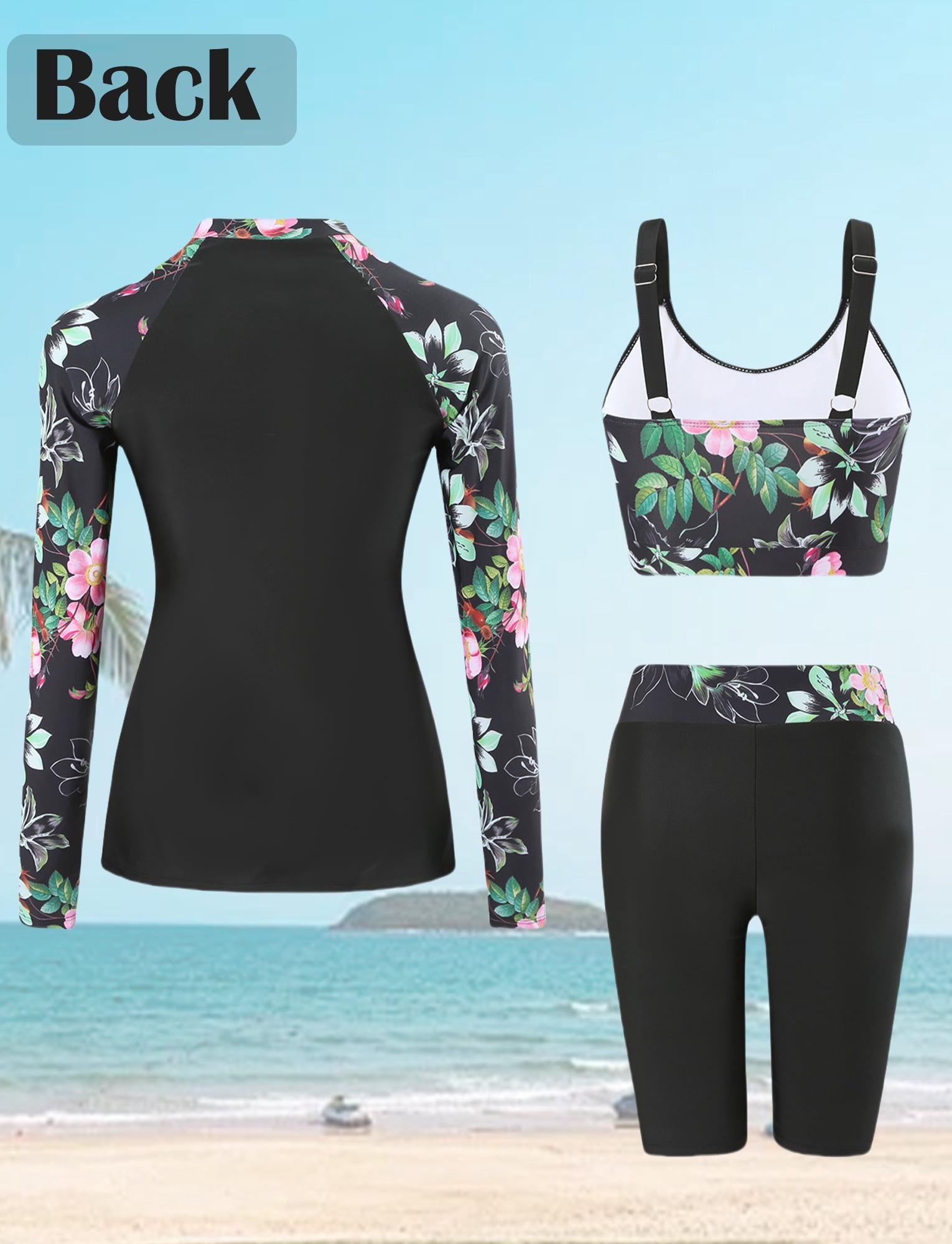 FEOYA Women's 3 Piece Rash Guard Built-in Bra Long Sleeve Athletic Swimsuits Zip up Bathing Suits Modest Swimwear with Shorts Swim Shorts Top Shirt L