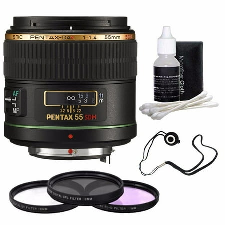 Pentax Telephoto 55mm f/1.4 DA SDM Autofocus Lens + 3 Piece Filter Kit + Deluxe 3pc Lens Cleaning Kit + Lens Cap Keeper 6AVE (Best Pentax Lens For Landscape Photography)