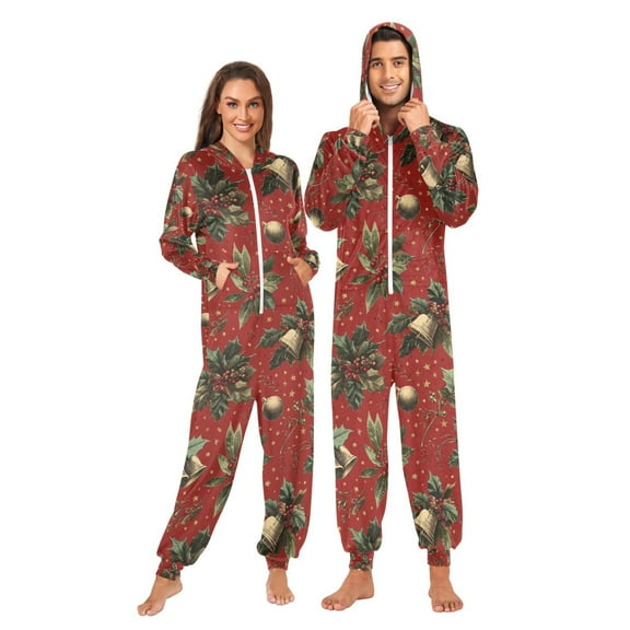 Adult Christmas Onesie Christmas Bells Zipper One-Piece Pajamas Unisex with Pockets