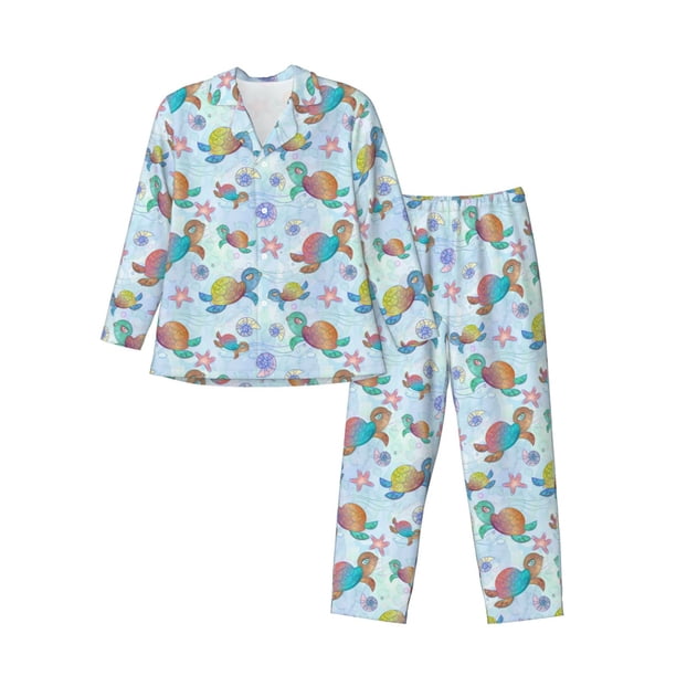 Balery Colorful Sea Turtle Pijama para Hombre de Dos Piezas con Manga Larga, Conjunto de Dormir y Descanso Suave con Bolsillos-Small