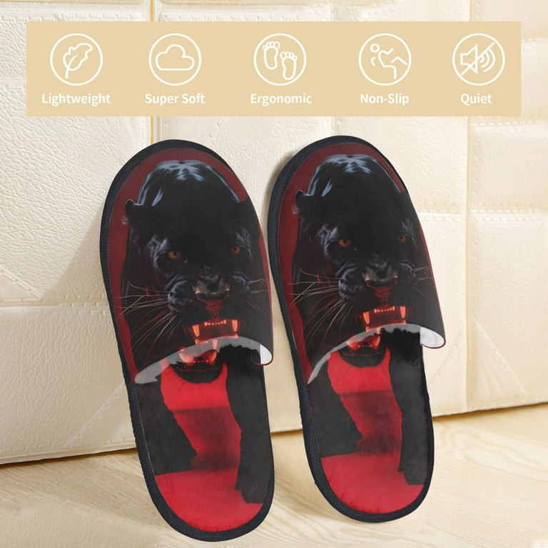 Daiia Black Panther Red Background Pattern Furry Slippers for