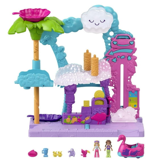 Polly Pocket Pollyville Flamingo Fun Car Wash, 2 Micro Dolls, 4 & Up