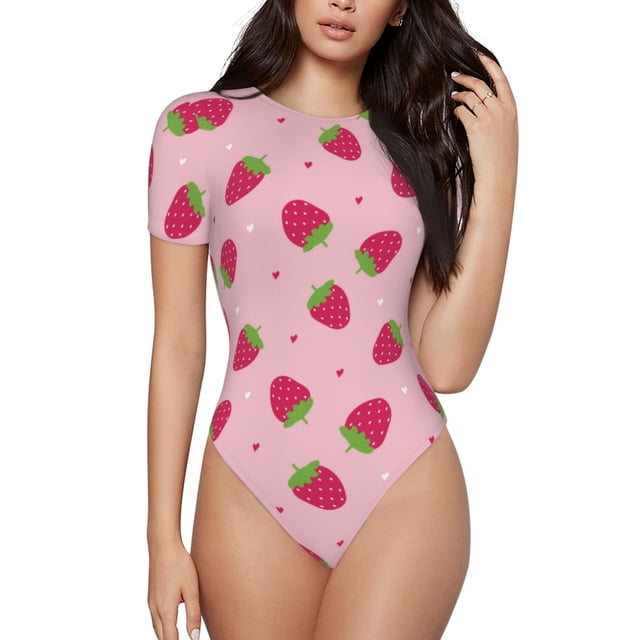 Balery Strawberries Body de cuello redondo de manga corta para mujer Tops de manga corta Tops básicos-X-Large