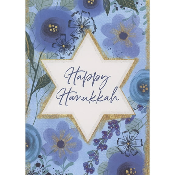 Designer Greetings Gold Bordered Star Over a Variety of Flowers in Shades of Blue Box of 15 Hanukkah Cards