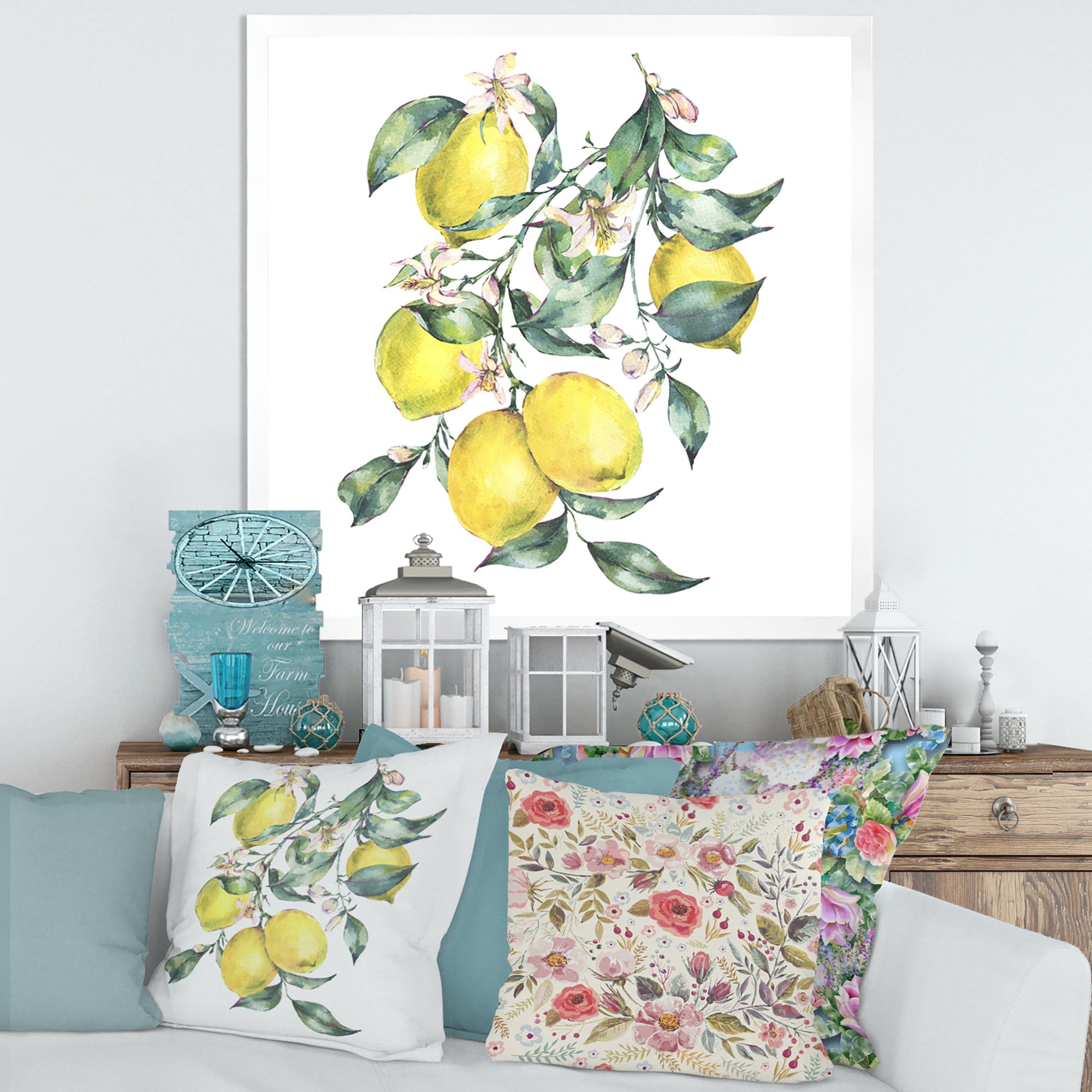 Designart 'Branch of Leaves and Yellow Lemons I' Tropical Framed Art Print