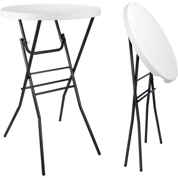 Cocktail Table 28in Portable Folding Bar Height Table, Compact Round High Top Plastic & Steel Bistro with Removable Legs, for Indoor Outdoor RV Patio Catering Parties Commercial Events-White