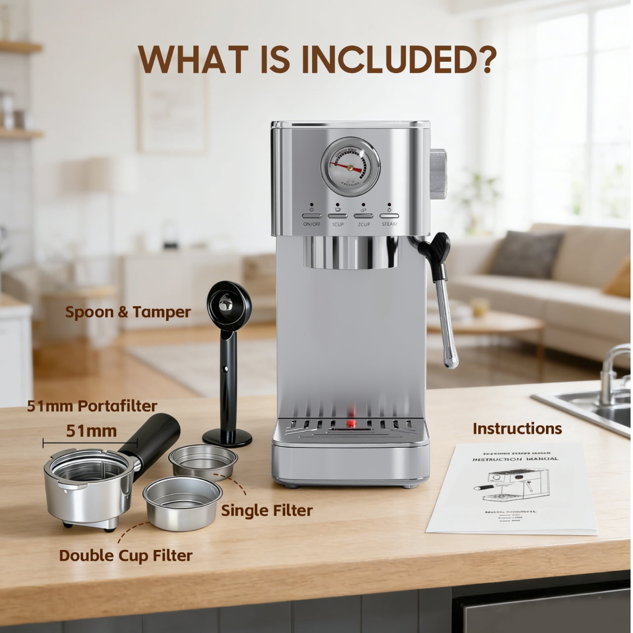 Espresso Machine, 20 Bar Visible High Pressure Gauge, 47 OZ Water Tank with Milk Frorther Silver, Automatic Stainless Steel Espresso Maker, Gift for Coffee Machine Enthusiasts