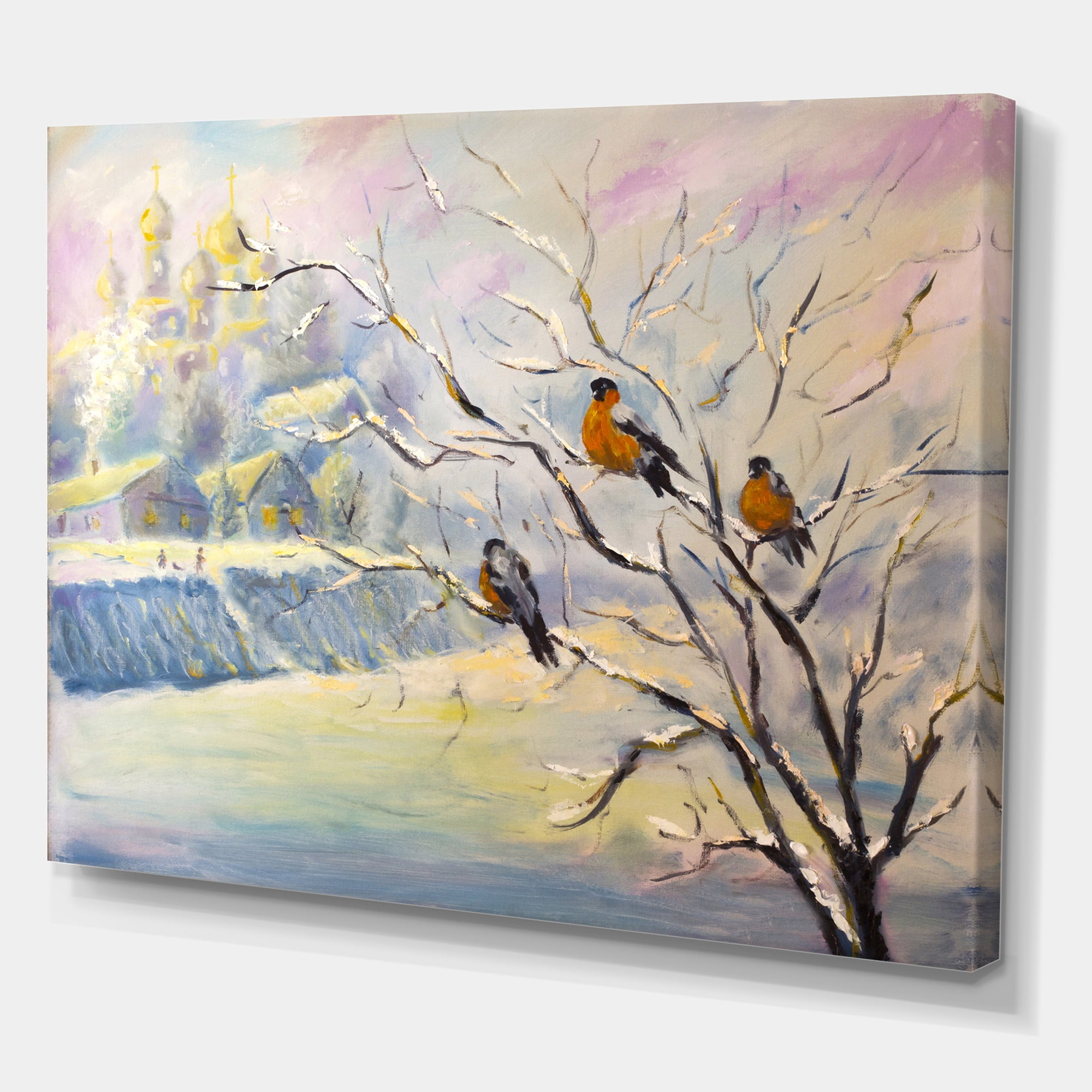 Designart ' Rustic Birds Sitting On A Tree In Winter Village ' Farmhouse Canvas Wall Art Print