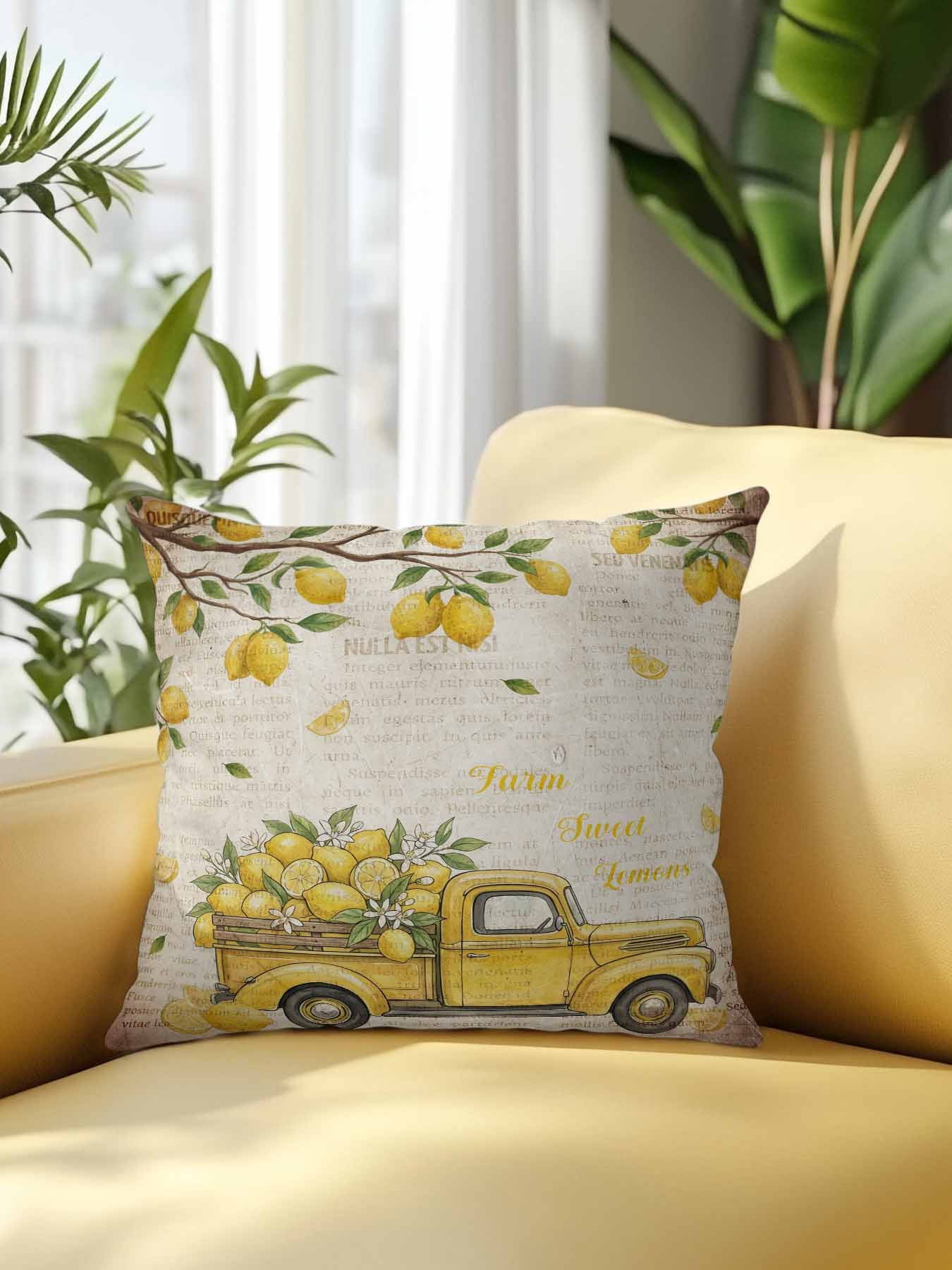 1 Pack Outdoor Pillows Waterproof, Lemon Truck Indoor/Outdoor Throw Pillows with Inserts, Summer Vintage Tropical Lemon Fruits Decorative Pillow for Patio Furniture Chairs Couch