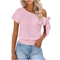 thumbnail image 3 of TAGOLD Womens Short Sleeve Skew Collar Blouses & Shirts Shoulder Elastic Waist Short Sleeve Top, 3 of 5
