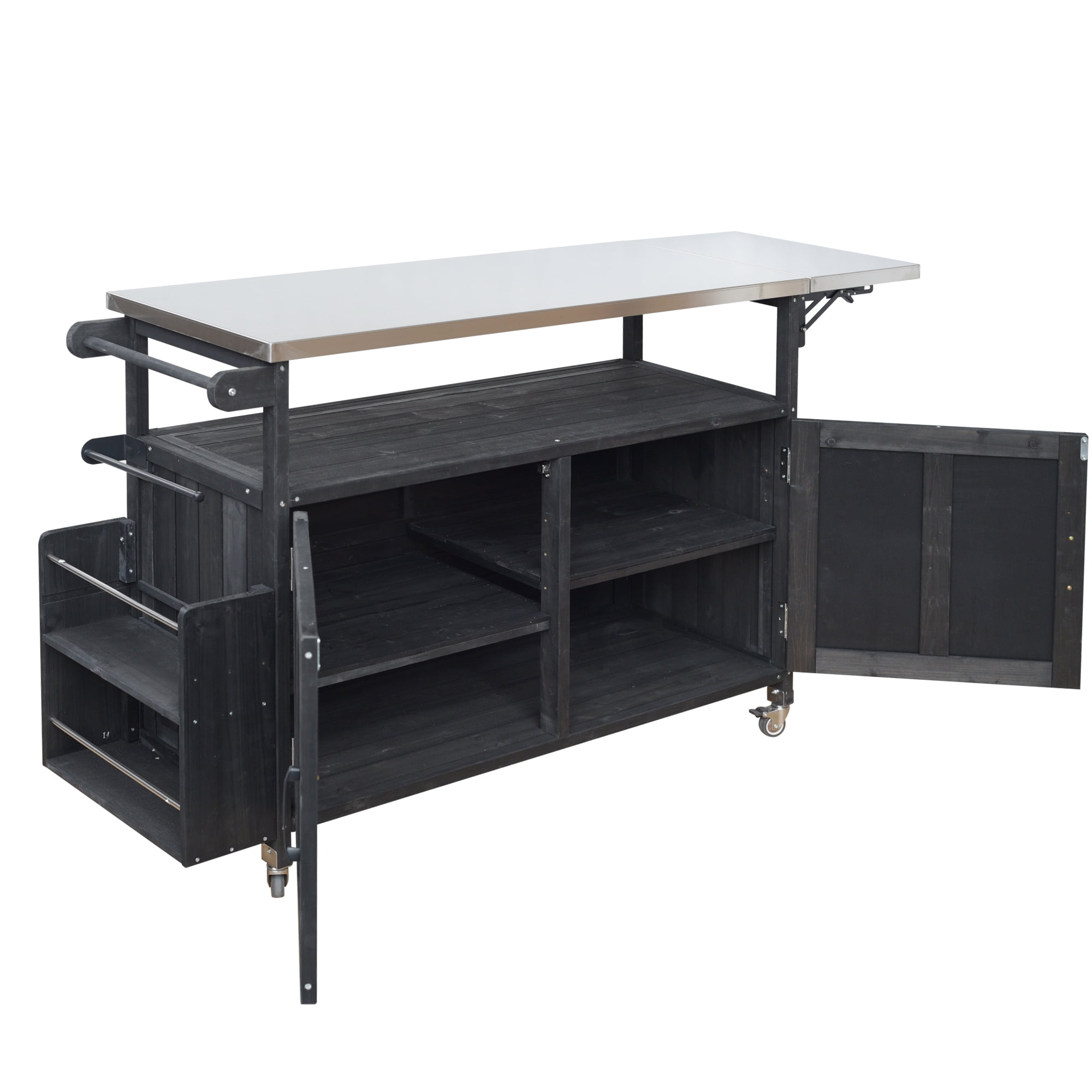 Harper & Bright Designs Outdoor Extendable Kitchen Island with Wheels, Patio Kitchen Cart with Foldable Stainless Steel Top, Portable Prep Station with Storage Cabinet and Towel Rack, Black
