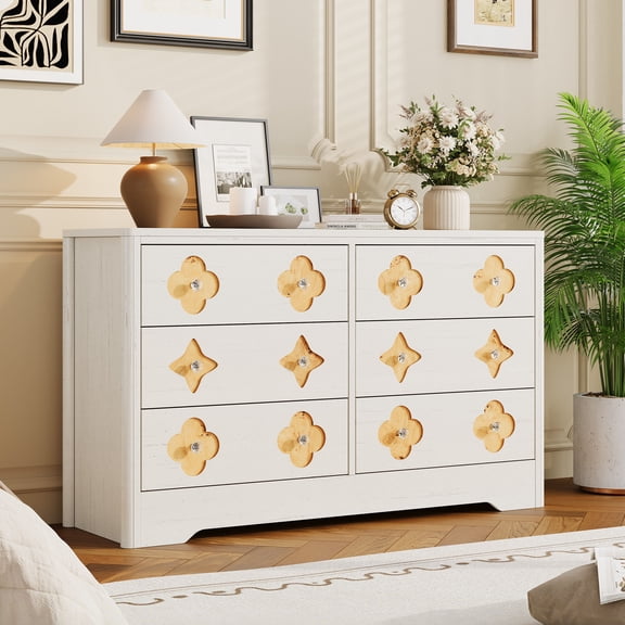 Kicctian 6 Drawers Dresser for Bedroom Wide Wooden Dresser Fluted or Rattan Design Large Cabinet for Bedroom, Living Room,White