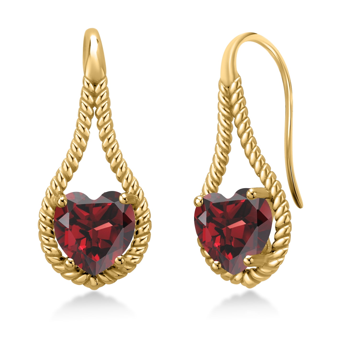 Gem Stone King 18K Yellow Gold Plated Silver Red Garnet Dangle Earrings for Women | 2.60 Cttw | Gemstone January Birthstone | Heart Shape 7MM