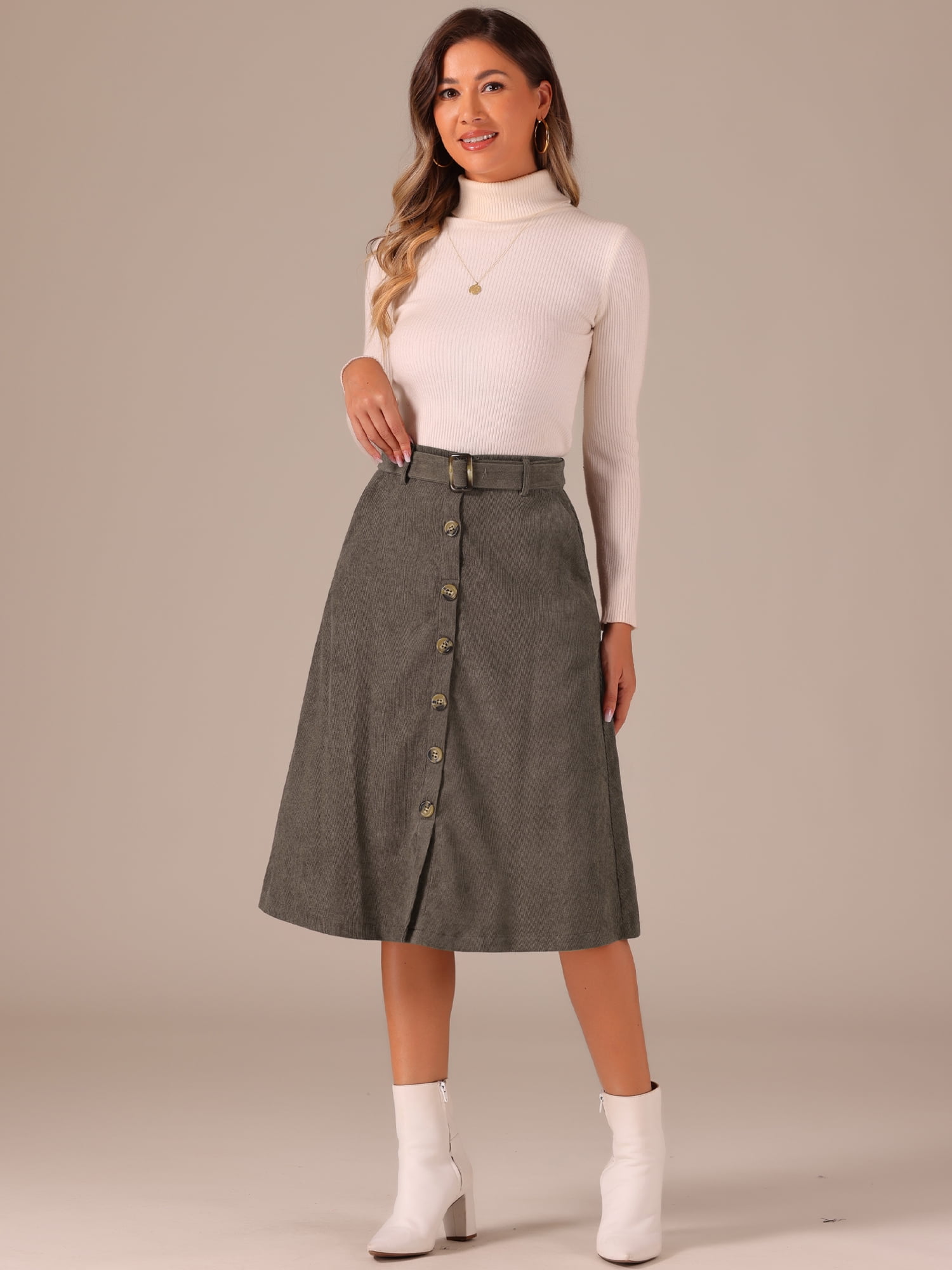 DARING DIVA Women's A-Line Button Front Belted Midi Skirts L Gray Brown