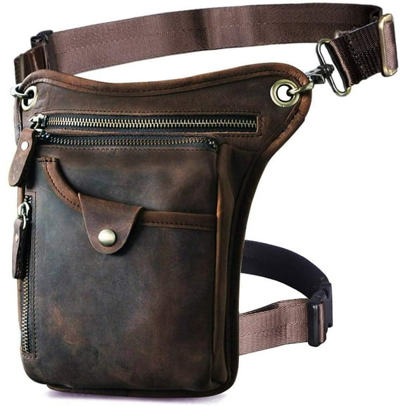 Le'aokuu Mens Genuine Leather Motorcycle Waist Pack Messenger Shoulder Drop Leg Bag
