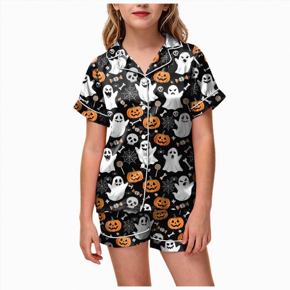 CAUYDY Girls Halloween Satin Pajamas Set Short Sleeve Sleepwear Button Down Loungewear 2 Piece Pjs Shorts Set,8-9 Y