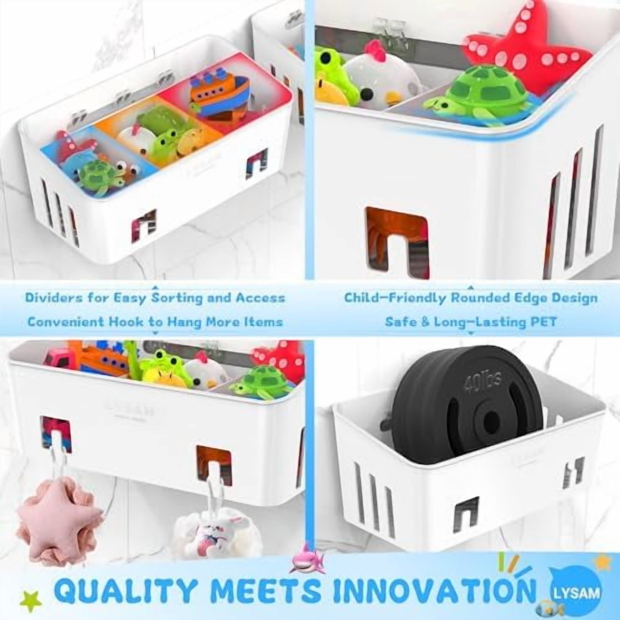 Bath Toy Storage 2 Packs, Large Bath Toy Holder with 3 Compartment, Quick Dry Bathtub Toy Organizer, Bath Tub Toy Net, Shower Toy Basket & Bin, Bathroom Accessories for Baby,Toddler,Kids（White）
