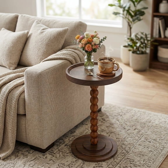HDUTNGISN Round Side Table for Small Spaces,Modern Coffee End Table with Soild Wood Leg,Anthropologie Furniture,Solid wood,Brown