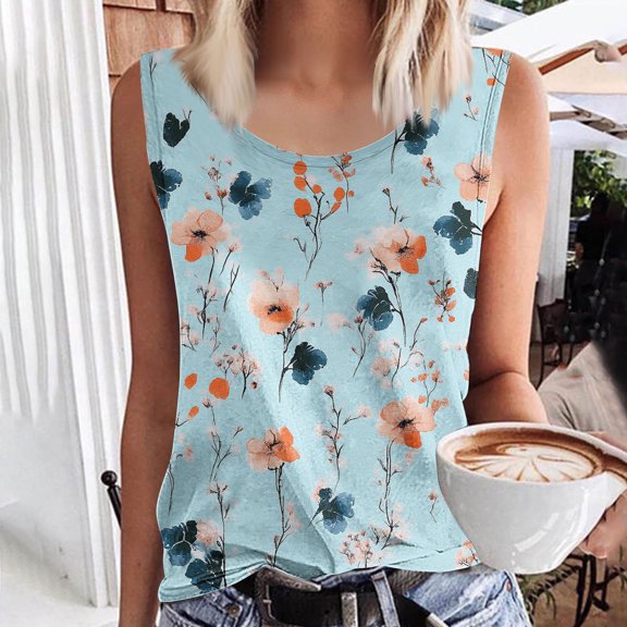 Womens Tank Top $4.98 Plus Size Summer Printed Round-Neck Sleeveless Tank Top Multicolor XXXXL