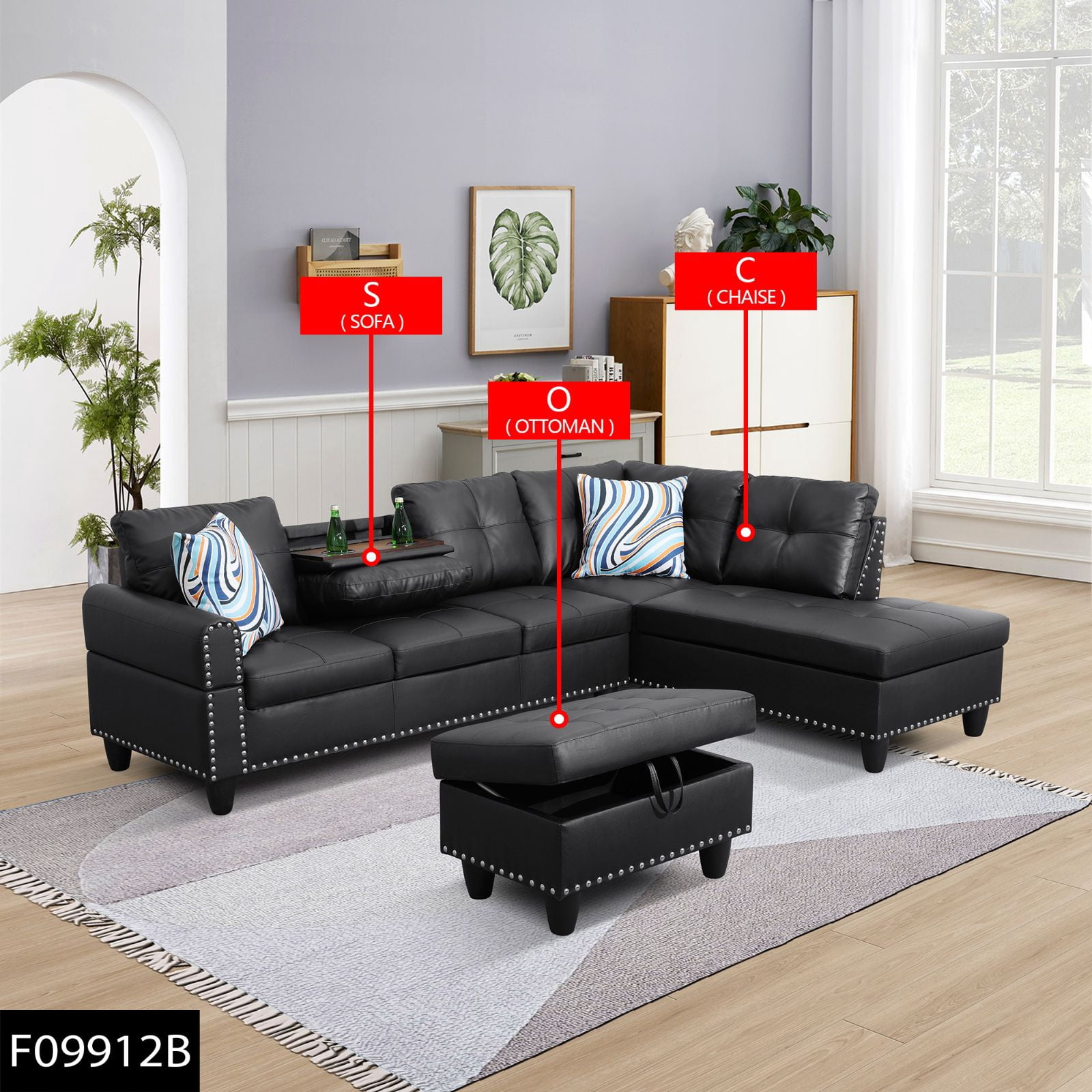 3-Piece L-Shaped Sectional Sofa with Movable Chaise & Storage Ottoman, Faux Leather Living Room Modular Convertible Couches Set for Home Apartment Office, Black