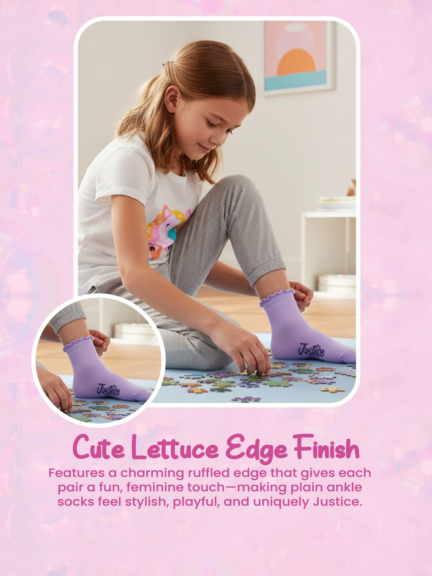 Justice Boyfriend Rib Ankle Socks for Girls with Lettuce Edge Anklet, 6 pk Multi Color