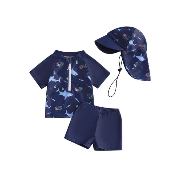 BemeyourBBs BemeyourBBs Toddlers Baby Boys 3 Piece Swimsuit Infant Boy Bathing Suit Swim Shirt Trunk Shorts Set and Sun Hat Short Sleeve Swimwear Sunsuit UPF 50 Rash Guard