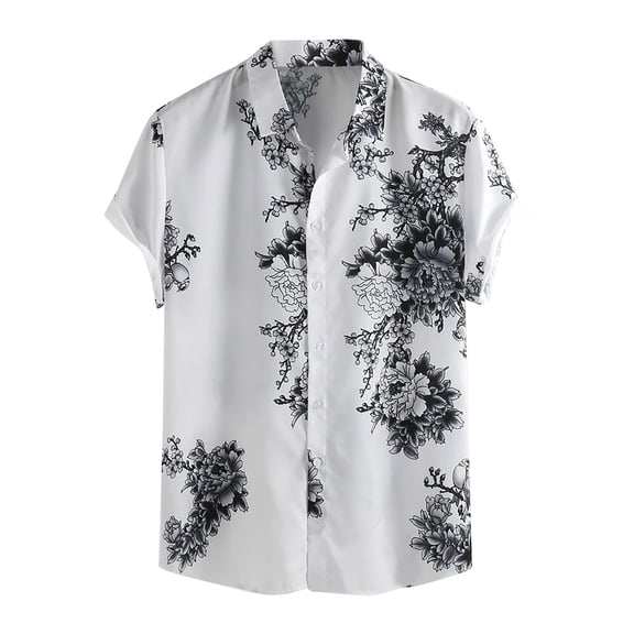 Wioihee Men's Floral Print Button Down Short Sleeve Turn Down Collar Hawaiian Vacation Shirt Gray 8(XL)
