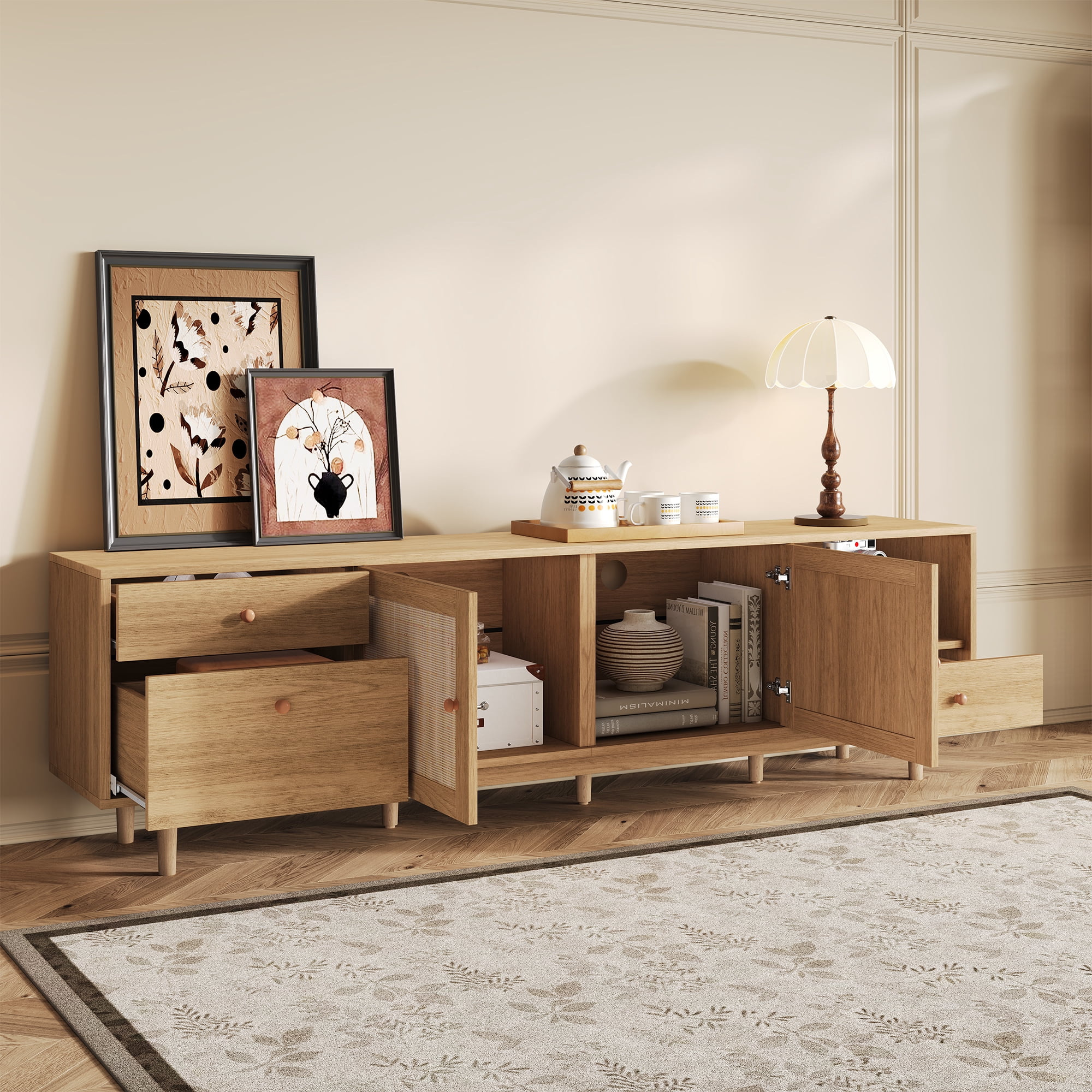 Boho TV Stand for 65 75 85 Inch TV, 76.6 Inch Entertainment Center with Real Rattan Doors, Open Storage and 3 Drawers, Modern Wood Media Console, Natural