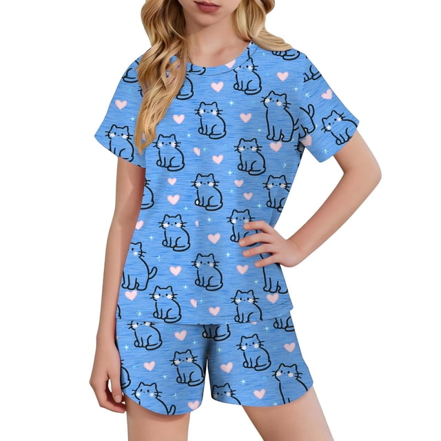 Kids Girls Fashion Cute Print Loose Short Sleeve Top Shorts Set Homewear Set
