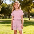 thumbnail image 3 of CYRBOKO Girls Outfit Sets, Summer Casual Elastic Waist Pullover Short Sleeve Loungewear Two-piece Sets Pink Size 7-8 T, 3 of 8
