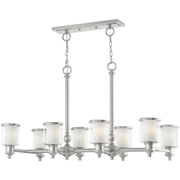 20 inch 8 Light Brushed Nickel Linear Chandelier with Clear Glass & Satin Opal White Glass Shade