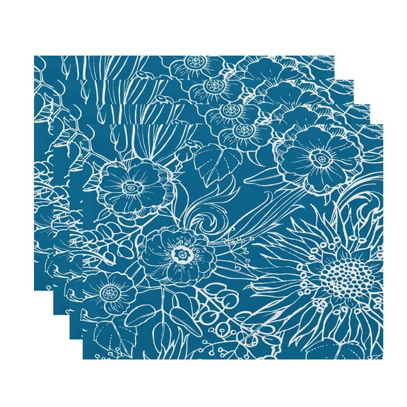 Simply Daisy, 18 x 14 inch, Zentangle 4, Floral Print Placemat (Set of 4), Teal