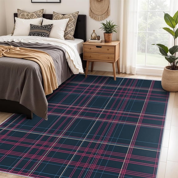 Tartan Gingham Check Area Rugs, Plaid Pattern Carpet, Washable Non Slip Low Pile Soft Rug for Living Room Bedroom Decor Mat 2x3ft