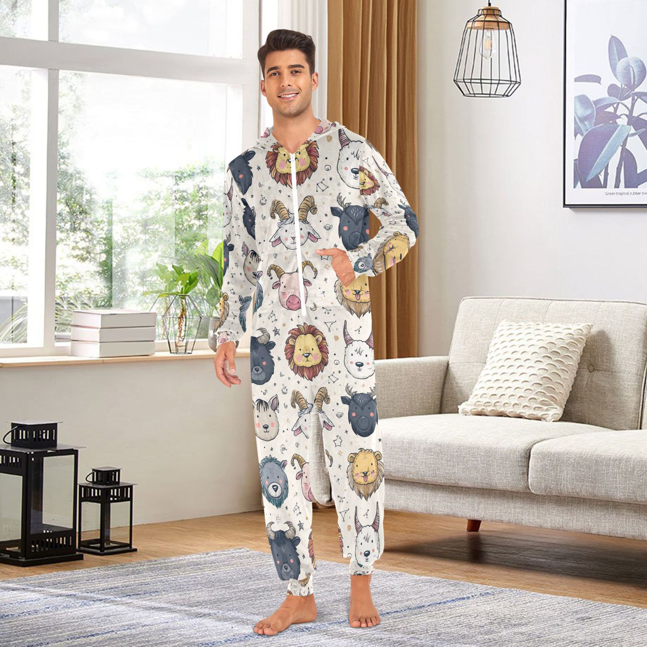 Adult Christmas Onesie Cute Constellations Adult Zipper One-Piece Pajamas Unisex Pajamas with Pockets