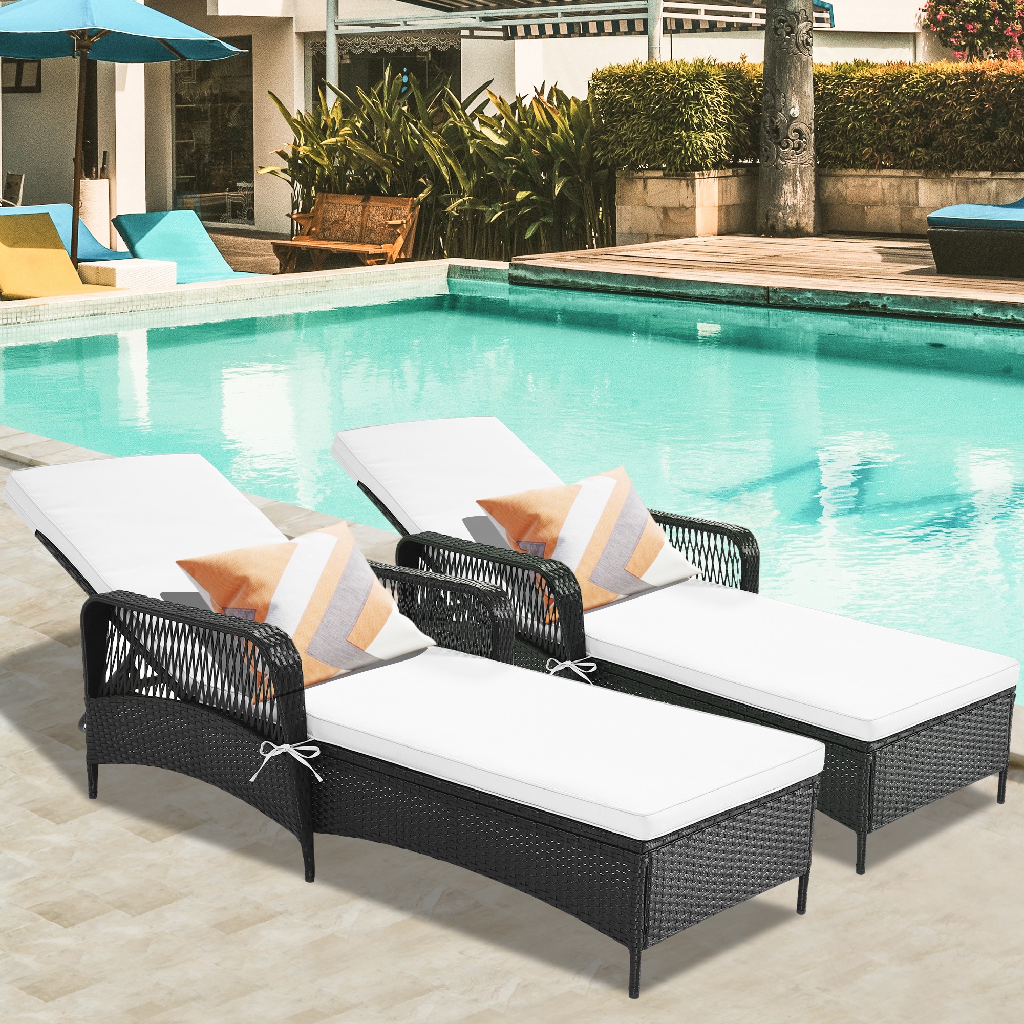 Chaise Lounge Chairs for Outside 2 Pieces, Patio Adjustable Lounge Chairs Set of 2, Outdoor Rattan Wicker Pool Chaise Lounge Chairs Cushioned Poolside Chaise Lounge Set, Beige - image 2 of 11
